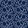 Acid wash blue jean effect texture with decorative linen floral motif background. Seamless denim textile fashion cloth