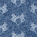 Acid wash blue jean effect texture with decorative linen floral motif background. Seamless denim textile fashion cloth