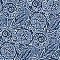 Acid wash blue jean effect texture with decorative linen floral motif background. Seamless denim textile fashion cloth