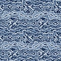 Acid wash blue jean effect texture with decorative linen mottled background. Seamless denim textile fashion cloth fabric