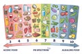 Acidic vs alkaline eating foods meal examples on PH spectrum outline diagram