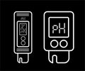 Acidity meter pH. The chemical testers. Icons of thin lines on a black background. Vector