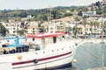 Acitrezza harbor with fisher boats next to Cyclops islands, Catania, Sicily Royalty Free Stock Photo