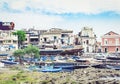 Acitrezza harbor with fisher boats next to Cyclops islands, Catania, Sicily, Italy Royalty Free Stock Photo