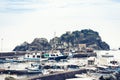 Acitrezza harbor with fisher boats next to Cyclops islands, Catania, Sicily Royalty Free Stock Photo