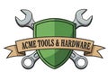 Acme tools and hardware logo with shield and wrenches Royalty Free Stock Photo