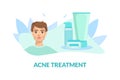 Acne Treatment Banner Template, Guy with Skin Problems Vector Illustration