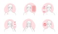 Acne treatment for man infographic line icon set, guys treat rash of pimples on skin