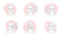 Acne treatment, thin line infographic icons set, medical procedure, peeling and medicines