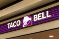 aco Bell logo sign at the restaurant. Taco Bell is an American fast food chain. Royalty Free Stock Photo