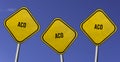 aco - three yellow signs with blue sky background