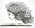 aColoring book for children and adults with black in profile and flowers.