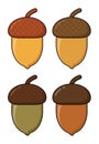 Acorn  cartoon vector set isolated on white. Oak tree fruits with cap  icon set in different colors. Illustration of autumnal oak Royalty Free Stock Photo