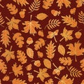 Acorn, oak, maple Gold foil autumn leaves seamless vector background. Golden and orange abstract fall leaf shapes on red Royalty Free Stock Photo