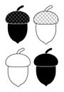 Acorn outlined and silhouetted autumnal design element set isolated on white. Illustrationof oak tree fruits with caps. Black and