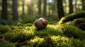 One Acorn Resting on a Bed of Moss in a Sun Drenched Forest Glade Royalty Free Stock Photo