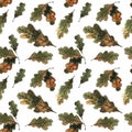 Acorns on a branch with oak leaves, autumn watercolor , seamless pattern Royalty Free Stock Photo