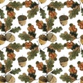 Acorns on a branch with oak leaves, autumn watercolor , seamless pattern Royalty Free Stock Photo