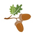 Acorns on a branch. Oak leaves. Vector flat colorful illustration Royalty Free Stock Photo