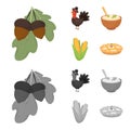 Acorns, corn.arthene puree, festive turkey,Canada thanksgiving day set collection icons in cartoon,monochrome style Royalty Free Stock Photo