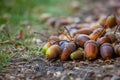 Acorns different maturity and sizes lie on the floor under the oak tree in the forest. Royalty Free Stock Photo