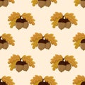 Acorns fruits with leaves seamless pattern vector illustration. Royalty Free Stock Photo