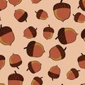 Acorns illustrations scattered all over repeat vector pattern