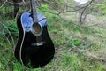 Acoustic black Guitar in the woods Royalty Free Stock Photo