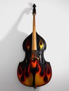 Acoustic double bass with flames decals.