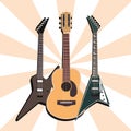 acoustic and electric guitars musical instrument, sunburst background