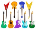 Acoustic and electric guitars set, musical instruments of various colors vector Illustrations on a white background Royalty Free Stock Photo