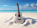 An acoustic guitar on the beach