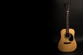 Acoustic guitar on a black background on the right side of the frame. Stringed instrument. Horizontal frame. Royalty Free Stock Photo