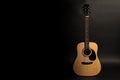 Acoustic guitar on a black background on the right side of the frame. Stringed instrument. Horizontal frame. Royalty Free Stock Photo