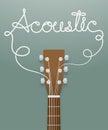 Acoustic guitar brown color and acoustic text made from guitar strings illustration concept idea isolated on dark green gradient