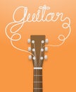 Acoustic guitar brown color and guitar text made from guitar strings illustration concept idea isolated on orange gradient