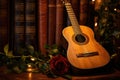 an acoustic guitar with a christmas carol songbook