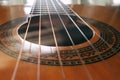 Acoustic guitar Classic acoustic guitar at weird and unusual perspective closeup. Six strings free frets sound hole and soundboard Royalty Free Stock Photo