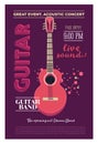 Acoustic guitar concert flyer template. Retro typographical poster. Flat style design.