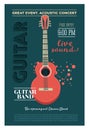 Acoustic guitar concert flyer template. Retro typographical poster. Flat style design.