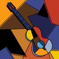 An acoustic guitar cubist surrealism painting modern abstract design. A musical instrument. Abstract colorful music. Cubism