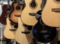 Acoustic guitar display. Guitars are six stringed musical instruments musicians have been using to write popular music for decades