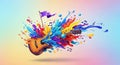 Acoustic Guitar Exploding with Colorful Paint Splatters and Musical Notes sound explosion Royalty Free Stock Photo