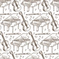 Acoustic guitar, flute and piano musical instruments seamless pattern