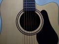 Acoustic guitar front view strings and fretboard