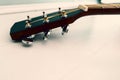 Acoustic guitar headstock and fretboard close up with copy space