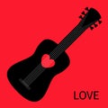 Acoustic guitar icon. Love. Music instrument. Red heart icon sign symbol. Black silhouette. Love greeting card, banner, invitation Royalty Free Stock Photo