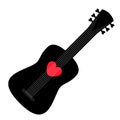 Acoustic guitar icon. Music instrument. Red heart icon sign symbol. Black silhouette. Love greeting card, banner, invitation Royalty Free Stock Photo