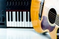 Acoustic guitar keyboard, close-up. Royalty Free Stock Photo