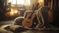 Acoustic Guitar Leaned on Sofa in a Cozy Home Interior Highlighting Musical Harmony and Warm Ambiance